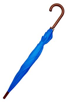 Folded light blue umbrella isolated on white background. Clipping path included.