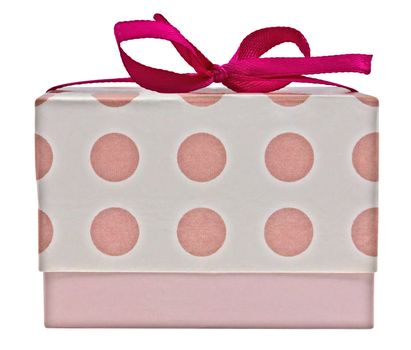 Small gift box with pink ribbon bow, isolated on white. Clipping path included.