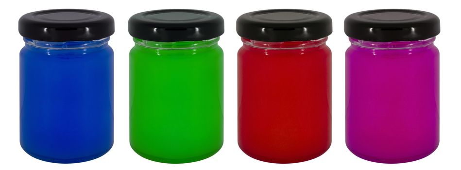 Jars of colorful jam isolated on white background.