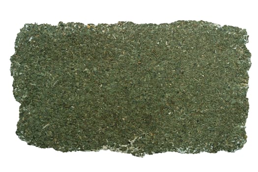 Close up of natural rough handmade paper made from mountain grasses. Isolated on white. Clipping path included.