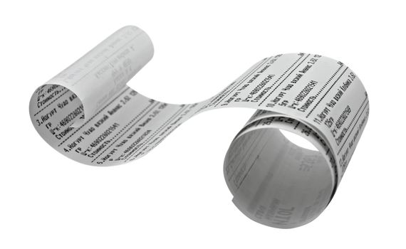 Fiscal receipt isolated on white background. Clipping path included.