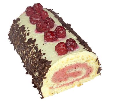 Raspberry roll with chocolate sprinkles isolated on white. Clipping path included.