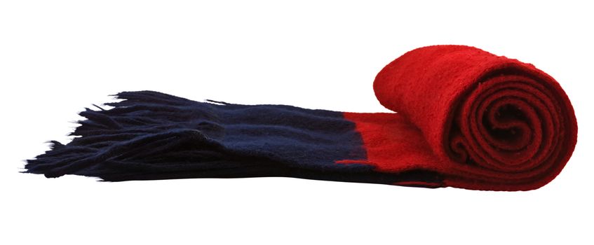 Red blue knitted scarf folded isolated on white background. Clipping path included.