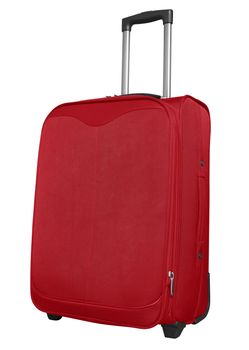Red journey suitcase isolated on white. Clipping path included.