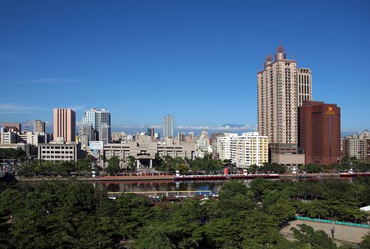 View of Kaohsiung City in Taiwan, with the Love River in the foreground
