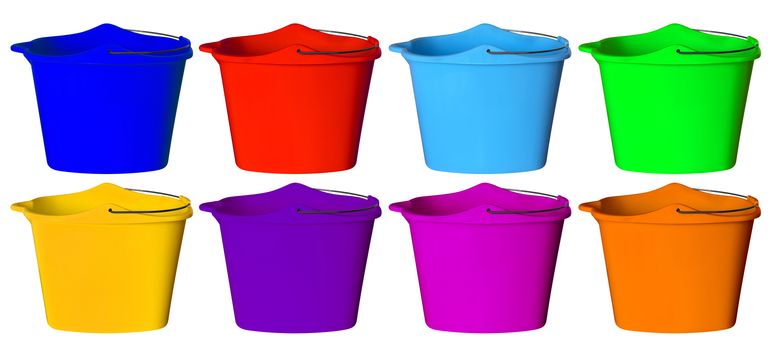 Colorful plastic buckets isolated on white background.