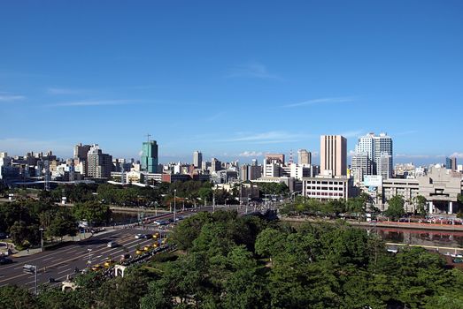 View of Kaohsiung City in Taiwan, with the Love River in the foreground