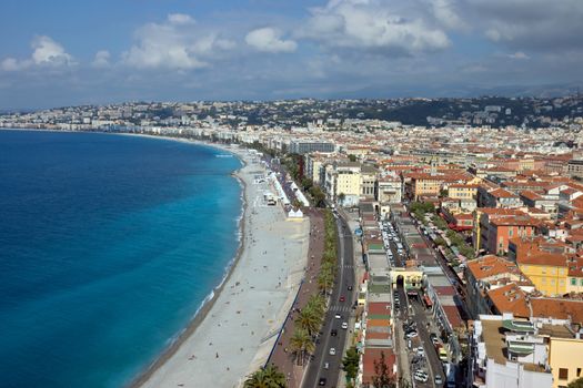 Promenade des Anglais and panoramic view on city of Nice, French Riviera, France