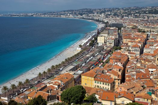 Promenade des Anglais and panoramic view on city of Nice, French Riviera, France