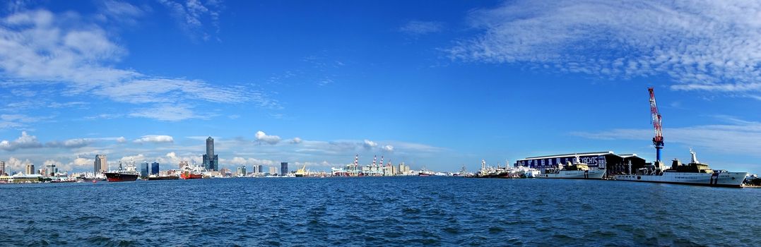 KAOHSIUNG, TAIWAN -- MAY 11, 2014: A super wide panoramic view of Kaohsiung city and port 