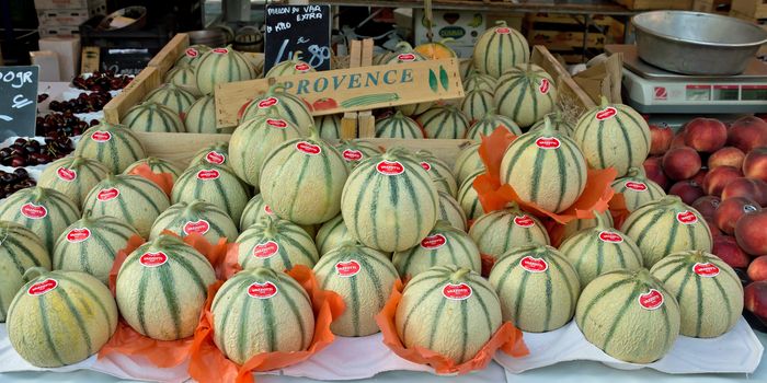 NICE, FRANCE - JUNE 8, 2014: Sweet melons on a street market in city of Nice.

Nice, France - June 8, 2014: Sweet melons on a street market in city of Nice.