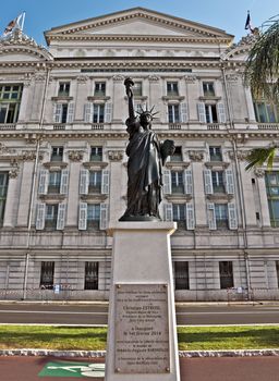 Front facade of the Opera house with statue of Liberty in city of Nice, France.