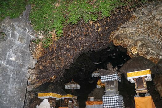 Altars at Pura Goa Lawah or Bat Cave Temple. Balinese Hindu temple, Klungkung, Bali, Indonesia. Some bats fly under a rock overhang. Colony of bats hanging from the ceiling and are waiting dark.