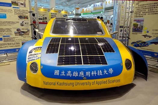 KAOHSIUNG, TAIWAN -- APRIL 18, 2015: A solar powered vehicle developed by the University of Applied Science is on display during the 2015 Industrial Automation Expo.
