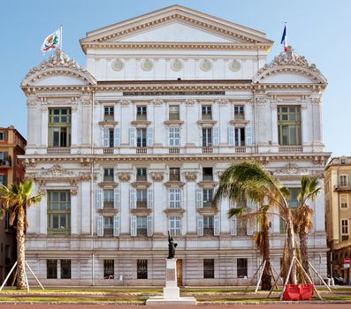 Front facade of the Opera house with statue of Liberty in city of Nice, France.