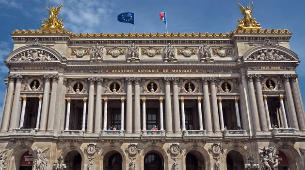 PARIS, FRANCE - JUNE 11, 2014: Opera Garnier in Paris, France. It was built from 1861 to 1875 by architect, Charles Garnier. 

Paris, France - June 11, 2014: Opera Garnier in Paris, France. It was built from 1861 to 1875 by architect, Charles Garnier. People are standing on balcony.