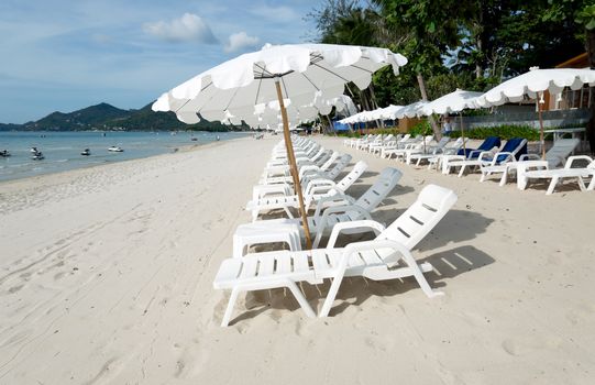 White Sandy Beach with Loungers and Umbrellas in Koh Samui, Thailand