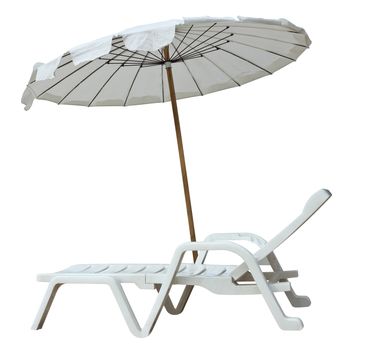 White umbrella and sun lounger isolated on white. Clipping path included.