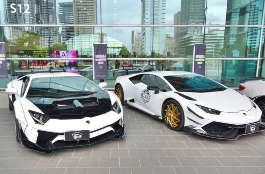 KAOHSIUNG, TAIWAN -- AUGUST 3, 2019: Lamborghini luxury sports cars are on display at the Kaohsiung Exhibition Center.