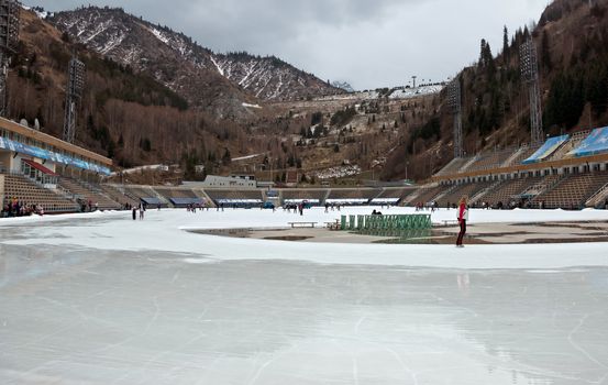 ALMATY, KAZAKHSTAN - NOVEMBER 4, 2014: View of Medeo outdoor stadium. Medeo is located on 1691 meters above sea level. 