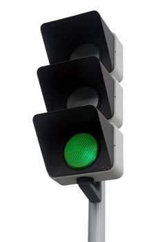 Green traffic light isolated on white. Clipping Path included.