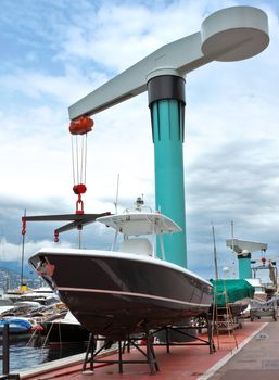 Port Hercules, Monte Carlo, Monaco. The yacht is installed on slipways for repair.
