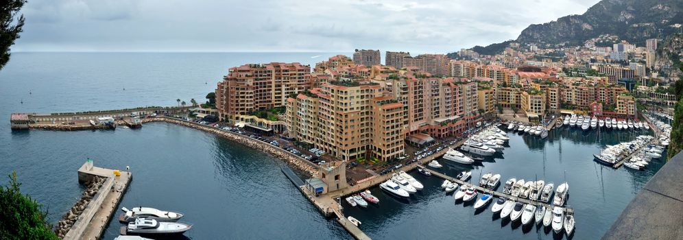 Architecture of Fontvieille district.  Monaco, Monte Carlo. Lands for the district have been reclaimed from the sea.