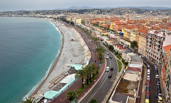 NICE, FRANCE - APRIL 29: Architecture along Promenade des Anglais on April 29, 2013 in Nice, France. It is a symbol of the Cote d'Azur and was built in 1830 at the expense of the British colony.

Nice, France - April 29, 2013: Architecture along Promenade des Anglais. Promenade des Anglais is a symbol of the Cote d'Azur and was built in 1830 at the expense of the British colony.