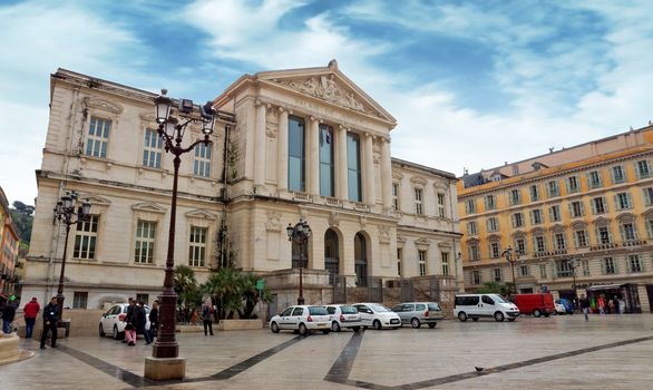NICE, FRANCE - APRIL 29: The Palace of Justice on April 29, 2013 in Nice, France. The Palace of Justice is located at the square Place du Palais.

Nice, France - April 29, 2013: The Palace of Justice. The Palace of Justice is located at the square Place du Palais. People are walking along square.
