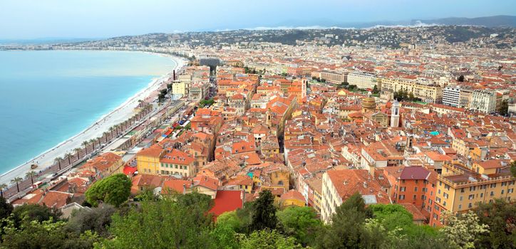 Wonderful panoramic view of Nice with colorful historical houses of the old city.