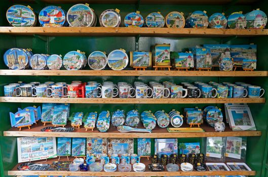NICE, FRANCE - APRIL 29: Souvenirs made of ceramics with views of cities - Nice, Monte Carlo, Cannes in a souvenir shop on April 29, 2013 in Nice, France.

Nice, France - April 29, 2013: Souvenirs made of ceramics with views of cities - Nice, Monte Carlo, Cannes in a souvenir shop