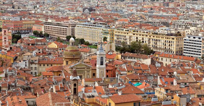 NICE, FRANCE - APRIL 29: Wonderful panoramic view with colorful historical houses of the old city on April 29, 2013 in Nice, France. 

Nice, France - April 29, 2013: Wonderful panoramic view with colorful historical houses of the old city.