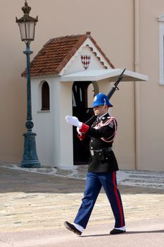 MONTE CARLO, MONACO - MAY 1: Guardsman on duty at official residence of Prince on May 1, 2013 in Monte Carlo, Monaco. 

Monte Carlo, Monaco - May 1, 2013: Guardsman on duty at official residence of Prince.