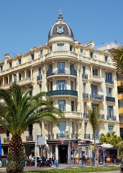 NICE, FRANCE - MAY 2: Architecture of buildings on May 2, 2013 in Nice, France.

Nice, France - May 2, 2013: Architecture of buildings in Nice, French Riviera. Architecture in the city is very different, here you can see both classical and modern architecture. People walk by street.