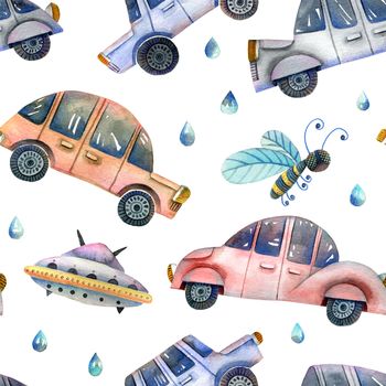 Cute illustration of moving cars, flying sauser, bee and rain drops. Hand drawn watercolor drawing. Seamless pattern.