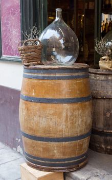 Wooden barrel for wine with steel ring.