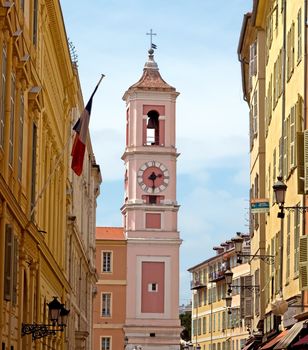 NICE, FRANCE - MAY 4: Architecture of old town on May 4, 2013 in Nice, France. 

Nice, France - May 4, 2013: Architecture of old town. There are many boutiques, cafes and restaurants.