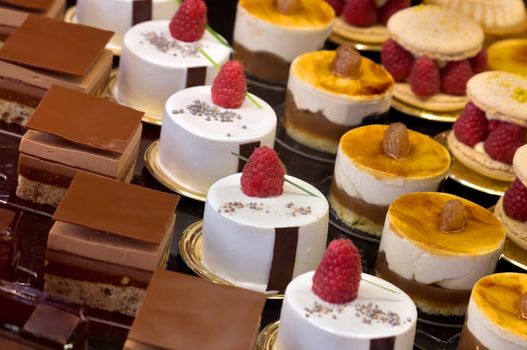 Chocolate cakes on display a confectionery shop in France.