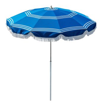 Blue beach umbrella isolated on white. Clipping path included.