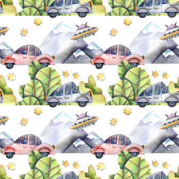 Cute illustration of moving cars, flying sauser and mountain landscape. Hand drawn watercolor drawing. Seamless pattern.