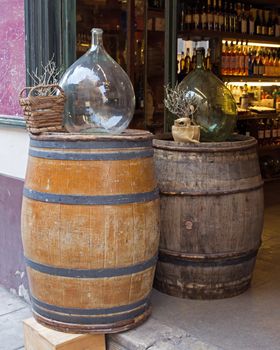 Two wooden barrels for wine with steel ring.