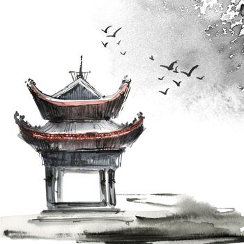 Watercolor and ink illustration of chinese landscape with pagoda in style sumi-e, u-sin. Traditional asian architecture. Oriental traditional painting.