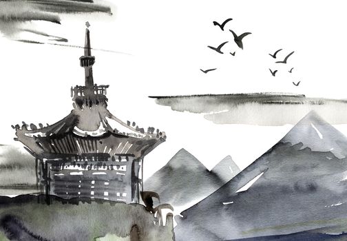 Watercolor and ink illustration of chinese landscape with pagoda, mountains, sky clouds and flying birds in style sumi-e, u-sin. Traditional asian architecture. Oriental traditional painting.