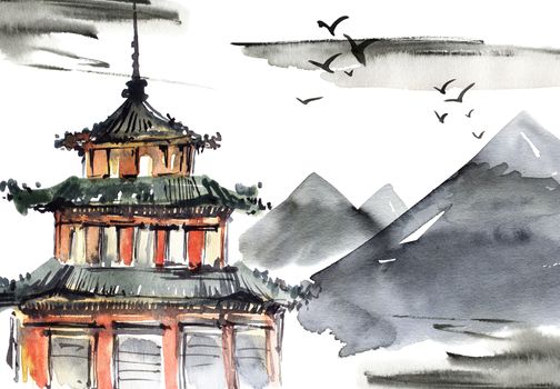 Watercolor and ink illustration of chinese landscape with pagoda, mountains, sky clouds and flying birds in style sumi-e, u-sin. Traditional asian architecture. Oriental traditional painting.