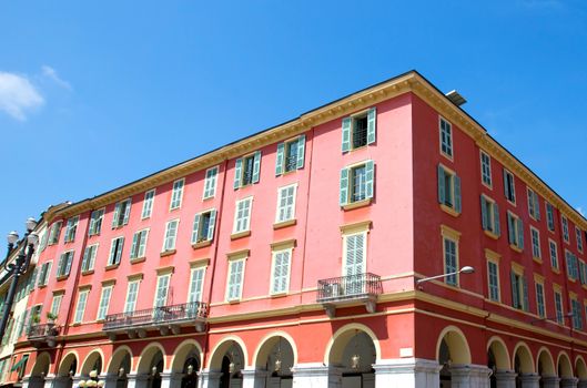 Architecture of Place Massena in city of Nice, France. 