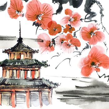 Watercolor and ink illustration of chinese landscape with pagoda and blossom sakura tree in style sumi-e, u-sin. Traditional asian architecture. Oriental traditional painting.