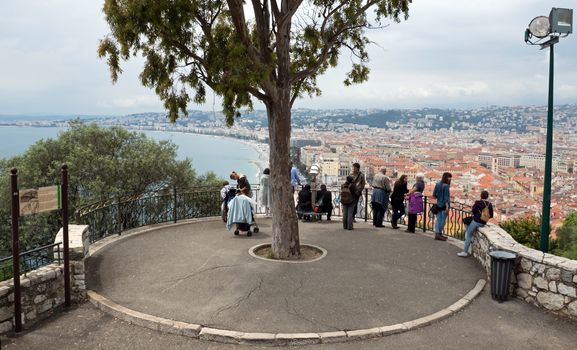 NICE, FRANCE - MAY 5: Viewpoint on the Castle Hill on May 5, 2013 in Nice, France. Castle Hill is the most popular place in the city of Nice. Tourists are climbing to the viewpoint and looking down on the riviera from above.

Nice, France - May 5, 2013: Viewpoint on the Castle Hill. Castle Hill is the most popular place in the city of Nice. Tourists are climbing to the viewpoint and looking down on the riviera from above.