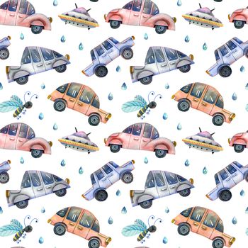 Cute illustration of moving cars, flying sauser, bee and rain drops. Hand drawn watercolor drawing. Seamless pattern.