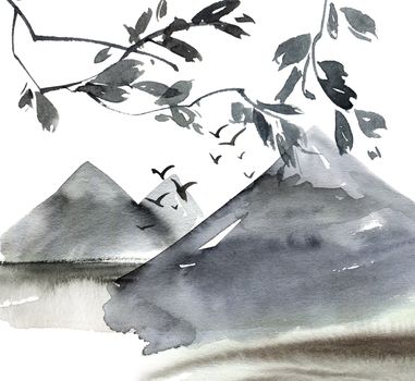 Watercolor and ink illustration of chinese landscape with pagoda in style sumi-e, u-sin. Traditional asian architecture. Oriental traditional painting.