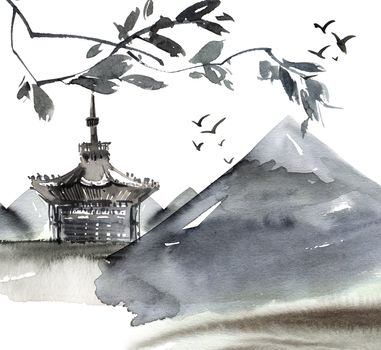 Watercolor and ink illustration of chinese landscape with pagoda, mountains, flying birds and tree in style sumi-e, u-sin. Traditional asian architecture. Oriental traditional painting.